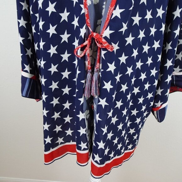 John Mark Kimono Cardigan Women's 1X Blue Patriotic Stars Cover Up USA Theme - Picture 6 of 11